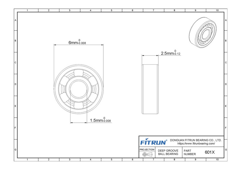 601X Tiny Ball Bearing 2D Drawing