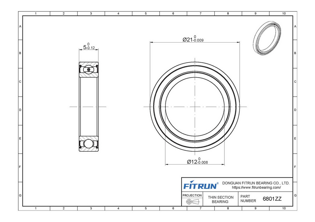 S6801ZZ thin section ball bearing drawing