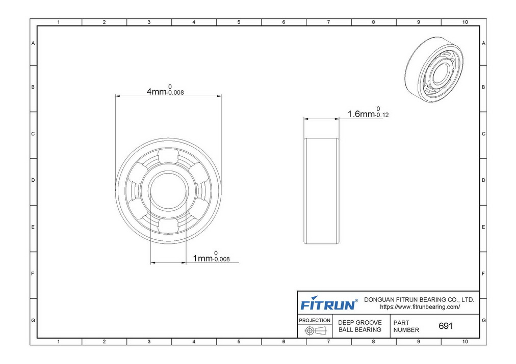 1mm ID Ball Bearing 691 Drawing