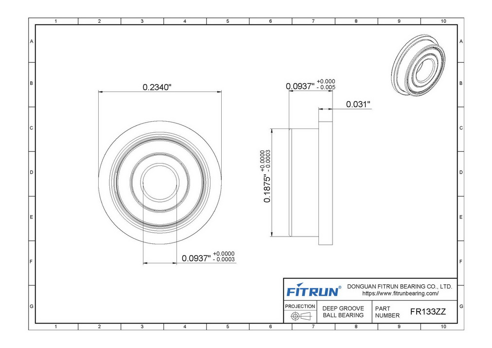 FR133ZZ Inch Flanged Ball Bearing Drawing