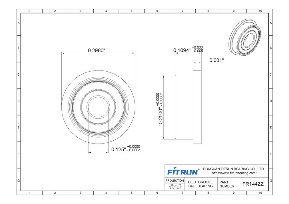 FR144ZZ Inch Size Flanged Ball Bearing Drawing