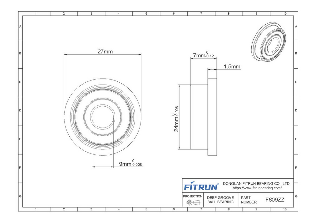 F609ZZ Inch Flanged Ball Bearing Drawing